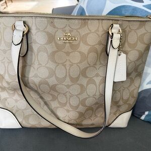 Coach Beige Signature Canvas Tote with White Trim and Gold Hardware